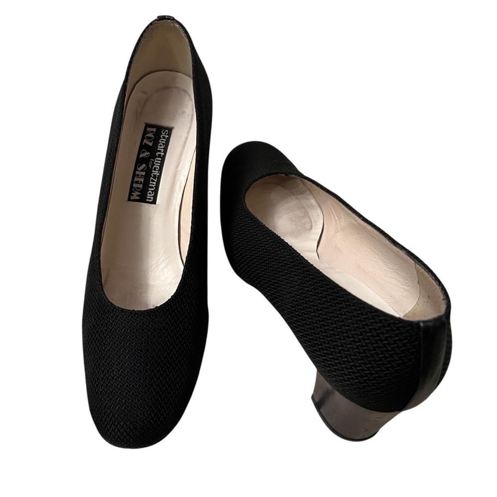 Stuart Weitzman Black Herringbone Block Heel Fabric Heels - Size 9